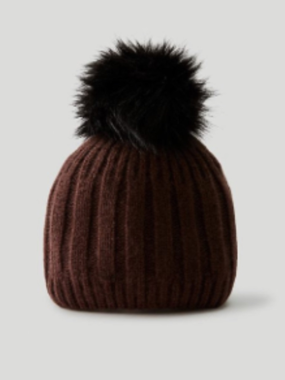 100% Cashmere Brown Knit Pom Beanie with Black Fur Pom
